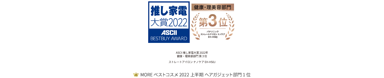 ストレートアイロン ナノケア EH-HS0J　ASCII 推し家電大賞2022年健康・理美容部門 第3位　MOREベストコスメ2022上半期 ヘアガジェット部門1位