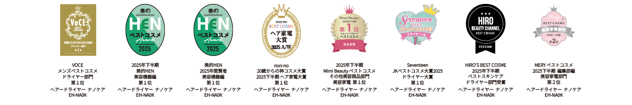 VOCE メンズベストコスメ ドライヤー部門 第1位  美的HEN 2025年下半期 美容機器編 第1位  美的HEN 2025年読者 美容機器編 第1位  non-no 20歳からのベストコスメ大賞 2025年下半期 ヘア家電部門 第1位  Mini Beauty 2025年下半期 Mimi Beauty ベストコスメ その他美容宿泊部門 美容家電 第1位  Seventeen JKベストコスメ大賞2025 ドライヤー大賞 第1位  HIRO BEAUTY CHANNEL HIRO'S BEST COSME 2025年下半期 ベストスキンケア ドライヤー部門賞 第1位  MERY MERY ベストコスメ 2025年下半期　編集部編 美容家電部門 第2位