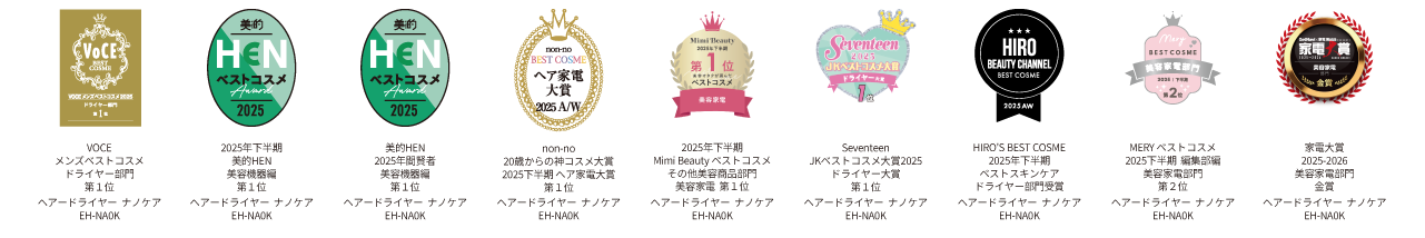 VOCE メンズベストコスメ ドライヤー部門 第1位  美的HEN 2025年下半期 美容機器編 第1位  美的HEN 2025年読者 美容機器編 第1位  non-no 20歳からのベストコスメ大賞 2025年下半期 ヘア家電部門 第1位  Mini Beauty 2025年下半期 Mimi Beauty ベストコスメ その他美容宿泊部門 美容家電 第1位  Seventeen JKベストコスメ大賞2025 ドライヤー大賞 第1位  HIRO BEAUTY CHANNEL HIRO'S BEST COSME 2025年下半期 ベストスキンケア ドライヤー部門賞 第1位  MERY MERY ベストコスメ 2025年下半期　編集部編 美容家電部門 第2位
