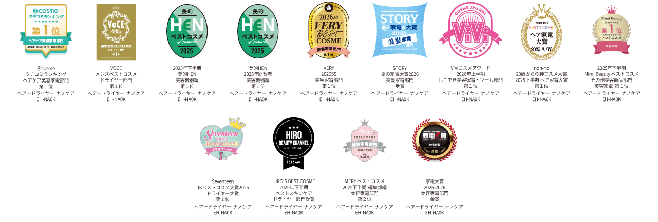 @cosme クチコミランキング ベストコスメアワード2025上半期新作 VERY 2025SS 美容家電部門 第1位 STORY 夏の賢者大賞2025 美髪家電賞ヘアケア部門 第1位 美的 2025年下半期賢者 ビューティック編 第1位  美的 2025年読者 美容家電編 第1位   美的 2025年読者 ライフスタイル部門 第1位  MAQUIA ベストコスメ 2025年下半期 ビューティギア部門賞 1位  VoCE 2025年下半期 美容家電ベスコス ドライヤー部門 第1位