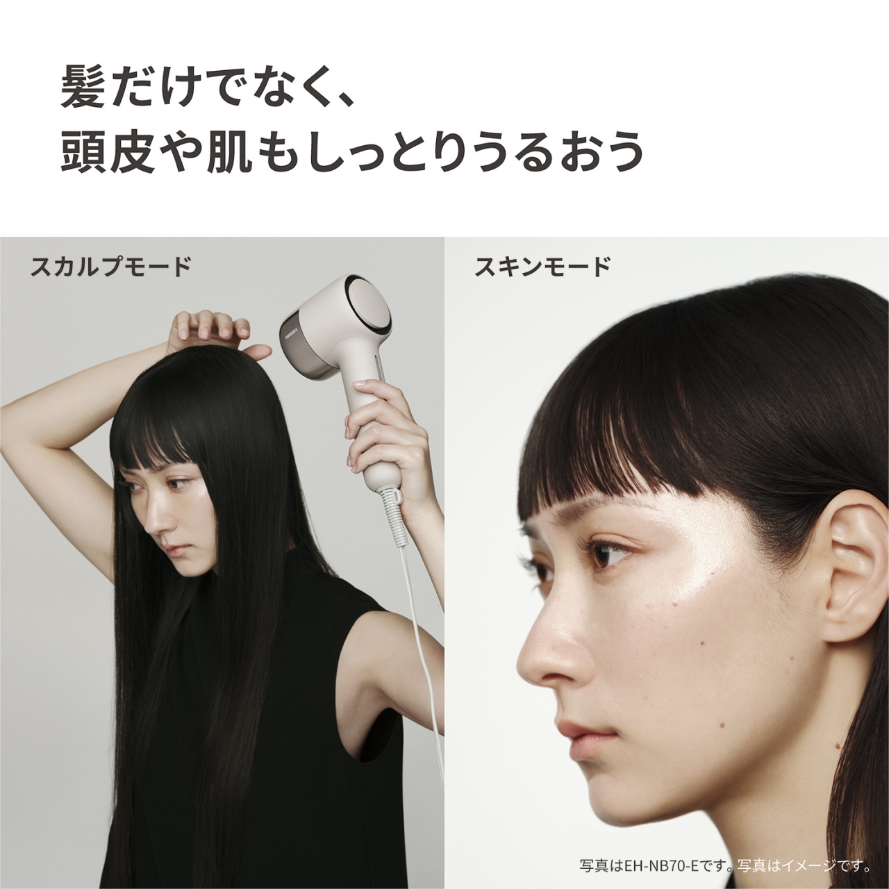 髪だけでなく、頭皮や肌もしっとりうるおう　スカルプモード　スキンモード　写真はEH-NB70-Eです。写真はイメージです。