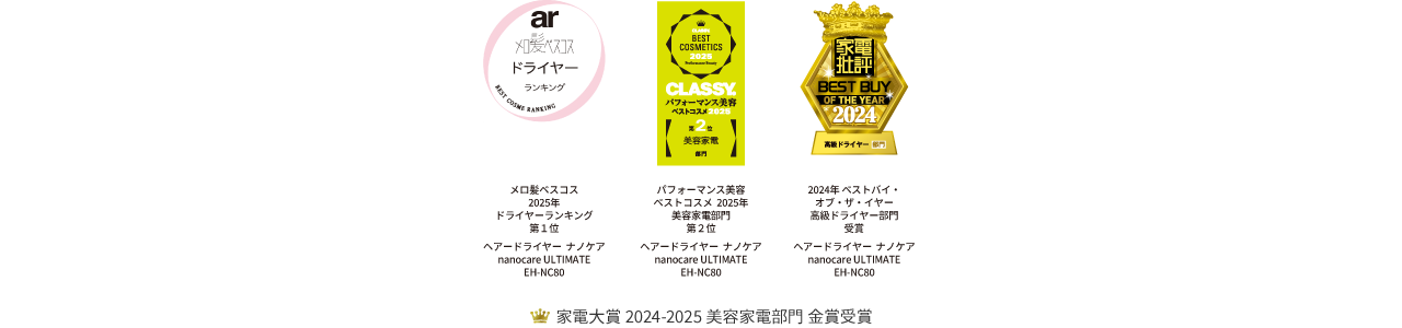 ar メロ髪ベストコスメランキングドライヤー部門第1位,CLASSY BEST COSMETICS 2025 Performance Award第2位 美容家電部門,家電批評2024ベストバイ・オブ・ザ・イヤー高級ドライヤー部門受賞, 家電大賞 2024-2025美容家電部門 金賞受賞