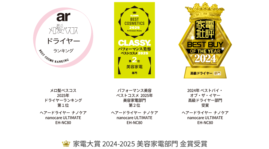 ar メロ髪ベストコスメランキングドライヤー部門第1位,CLASSY BEST COSMETICS 2025 Performance Award第2位 美容家電部門,家電批評2024ベストバイ・オブ・ザ・イヤー高級ドライヤー部門受賞, 家電大賞 2024-2025美容家電部門 金賞受賞