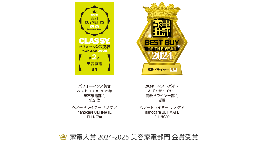 CLASSY BEST COSMETICS 2025 Performance Award第2位 美容家電部門,家電批評2024ベストバイ・オブ・ザ・イヤー高級ドライヤー部門受賞, 家電大賞 2024-2025美容家電部門 金賞受賞