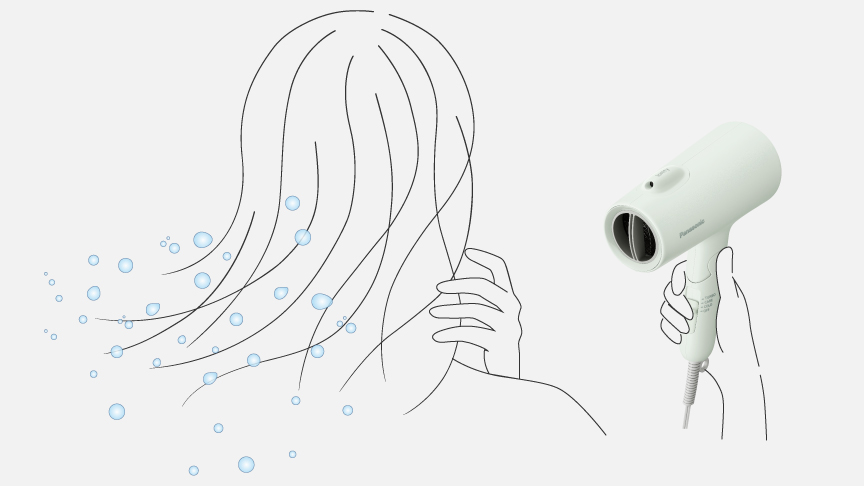 イメージ：髪の毛に残っている水分を、勢いのある風で素早く吹き飛ばす様子