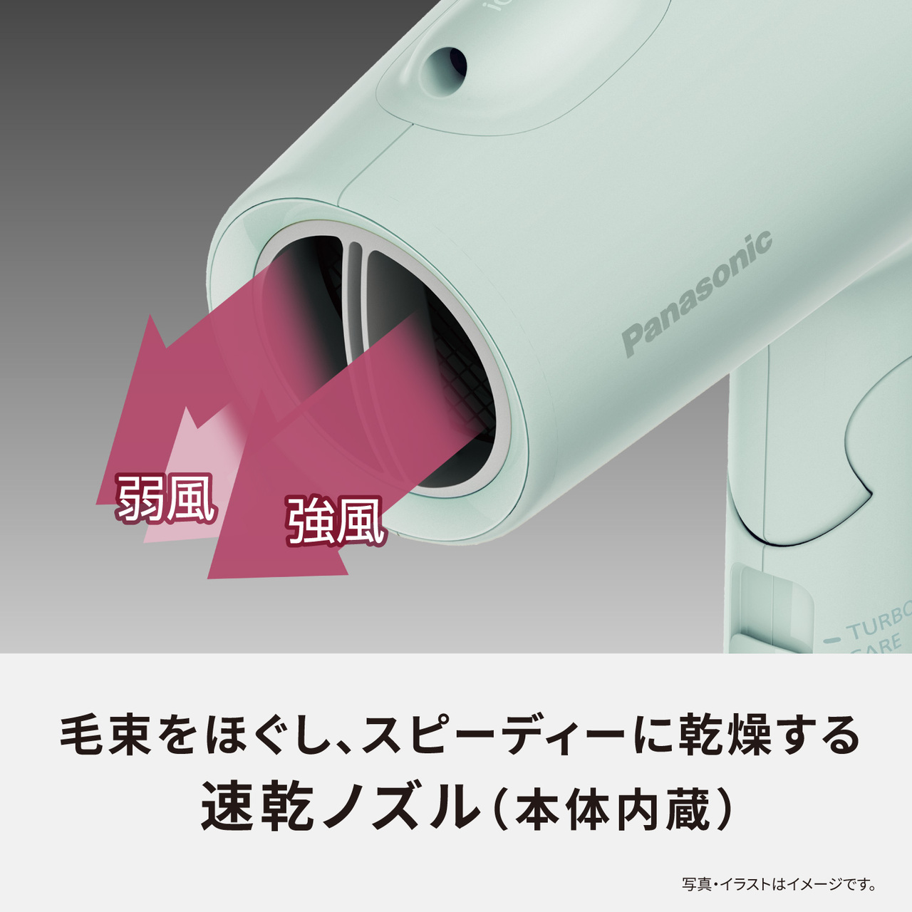 弱風と強風で毛束をほぐし、スピーディーに乾燥する速乾ノズル(本体内蔵) 写真・イラストはイメージです。