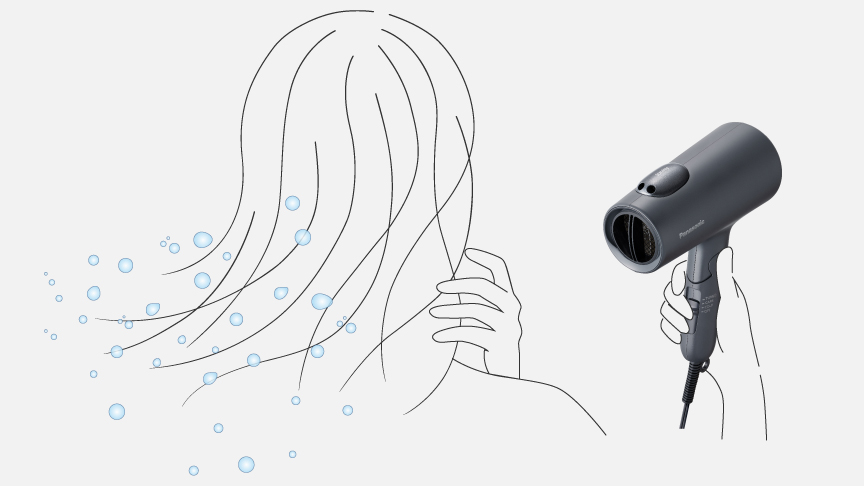 イメージ：髪の毛に残っている水分を、勢いのある風で素早く吹き飛ばす様子
