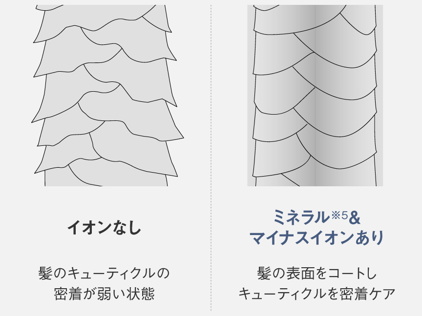 イオンなし・ミネラル＆マイナスイオンありのときのキューティクル密着の比較