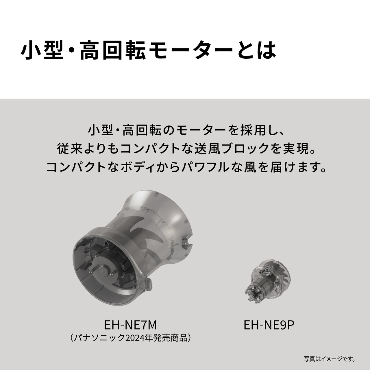 小型・高回転モーターとは 小型・高回転のモーターを採用し、 従来よりもコンパクトな送風ブロックを実現。 コンパクトなボディからパワフルな風を届けます。  EH-NE9PとEH-NE7M (パナソニック2024年発売商品) のモーターの比較写真 写真はイメージです。