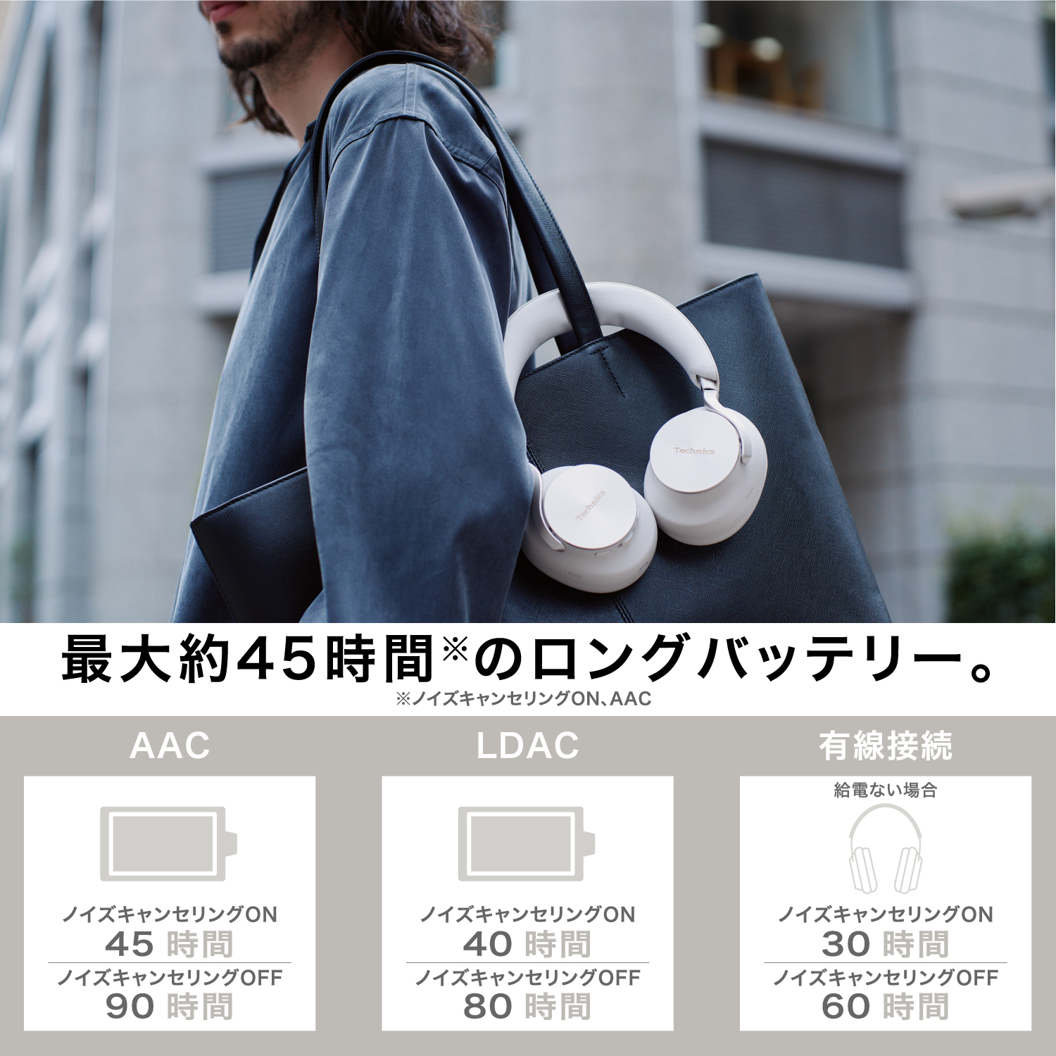 最大約45時間のロングバッテリー