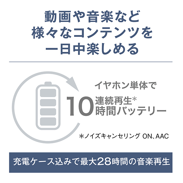 動画や音楽など様々なコンテンツを一日中楽しめる、イヤホン単体で連続再生10時間バッテリー。