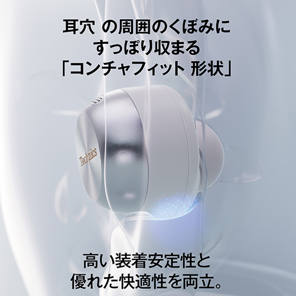 耳穴の周囲のくぼみにすっぽり収まる「コンチャフィット形状」 高い装着安定性と優れた快適性を両立。