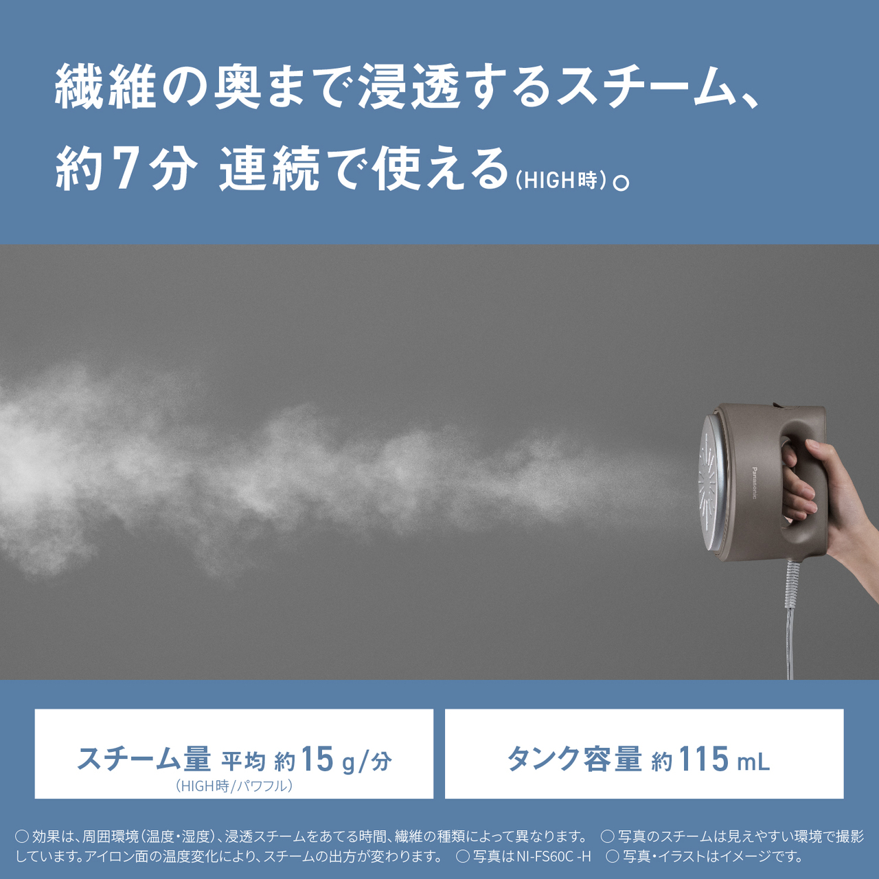 繊維の奥まで浸透するスチーム、約7分連続で使える（HIGH時）。　スチーム量平均約15g/分（HIGH時/パワフル）　タンク容量約115mL　○効果は、周囲環境（温度・湿度）、浸透スチームをあてる時間、繊維の種類によって異なります。　○写真のスチームは見えやすい環境で撮影しています。アイロン面の温度変化により、スチームの出方が変わります。　○写真はNI-FS60C-H　○写真・イラストはイメージです。
