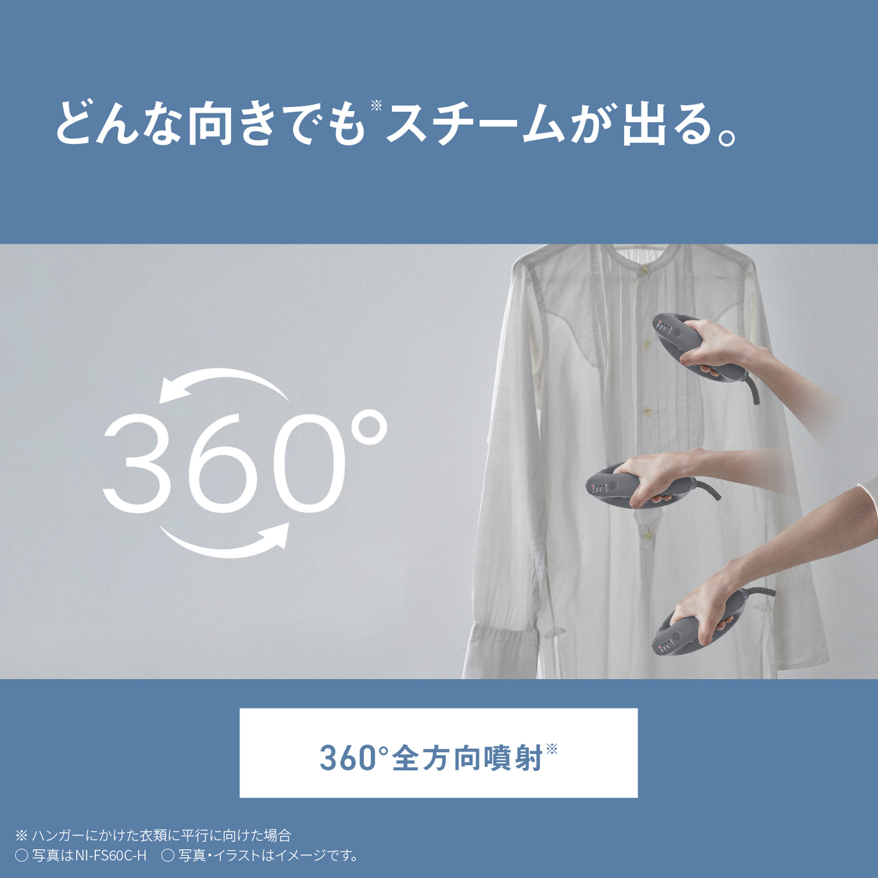 どんな向きでも※スチームが出る。　360°全方向噴射※　※ハンガーにかけた衣類に並行に向けた場合　○写真はNI-FS60C-H　○写真・イラストはイメージです。