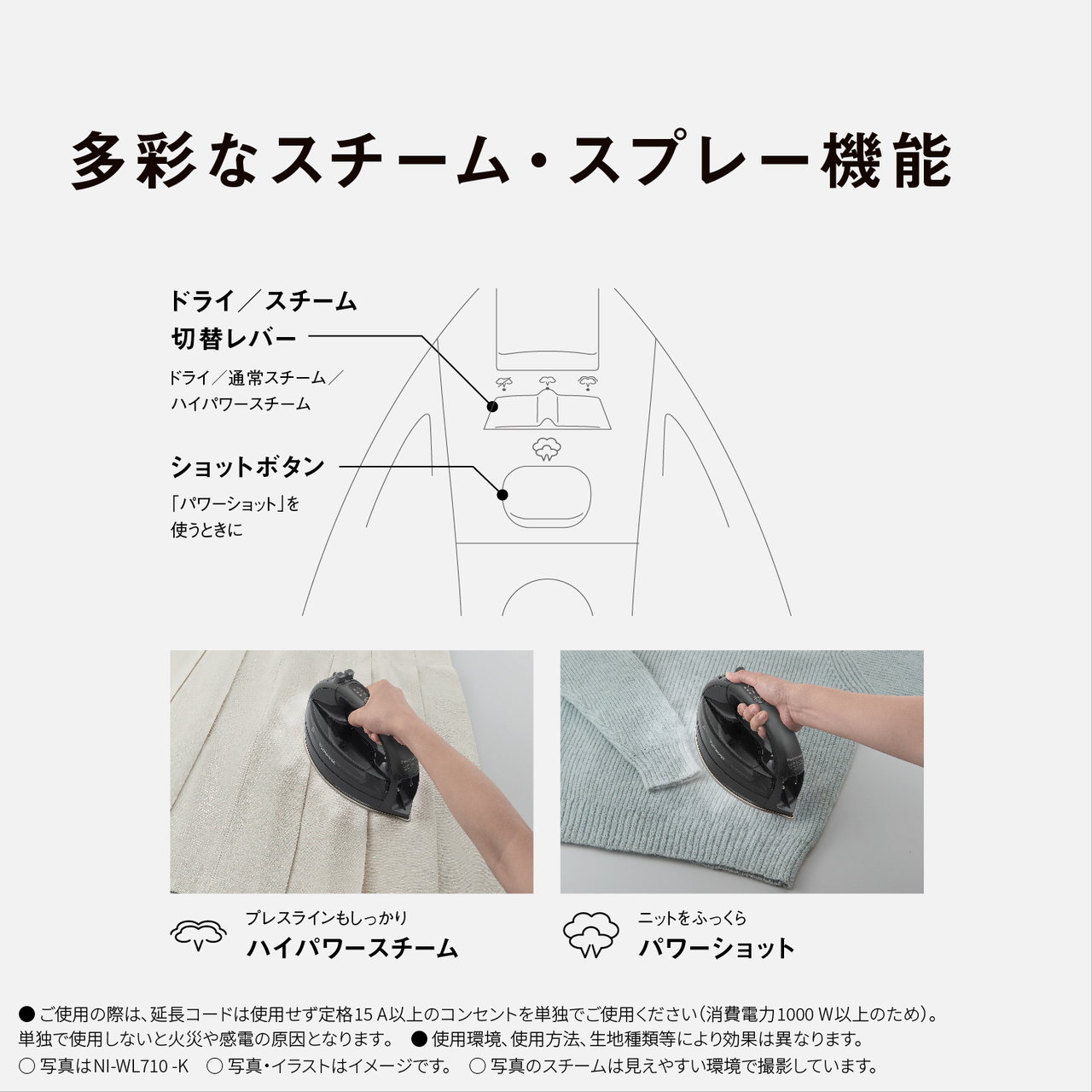 多彩なスチーム・スプレー機能　ドライ／スチーム切替レバー ドライ／通常スチーム／ハイパワースチーム　ショットボタン 「パワーショット」を使う時に　プレスラインもしっかりハイパワースチーム　ニットをふっくらパワーショット　●ご使用の際は､延長コードは使用せず定格15A以上のコンセントを単独でご使用ください（消費電力1000W以上のため）。単独で使用しないと火災や感電の原因となります｡　● 使用環境､使用方法､生地種類等により効果は異なります。　○写真はNI-WL710-K　○写真・イラストはイメージです。　◯ 写真のスチームは見えやすい環境で撮影しています。