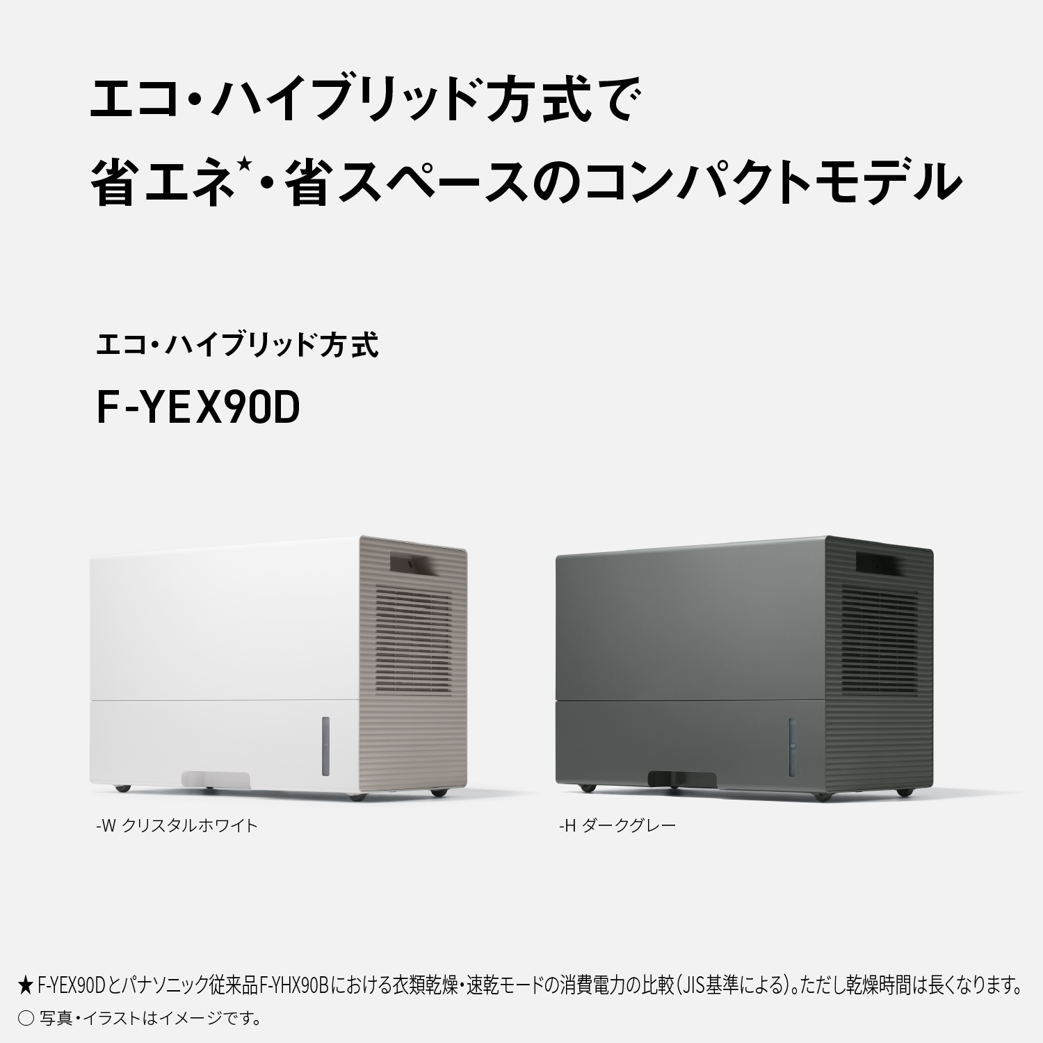 エコ・ハイブリッド方式で省エネ・省スペースのコンパクトモデル　エコ・ハイブリッド方式F-YEX90D -Wクリスタルホワイト/Hダークグレー　★F-YEX90Dとパナソニック従来品F-YHX90Bにおける衣類乾燥・速乾モードの消費電力の比較（JIS基準による）。ただし乾燥時間は長くなります。○写真・イラストはイメージです。