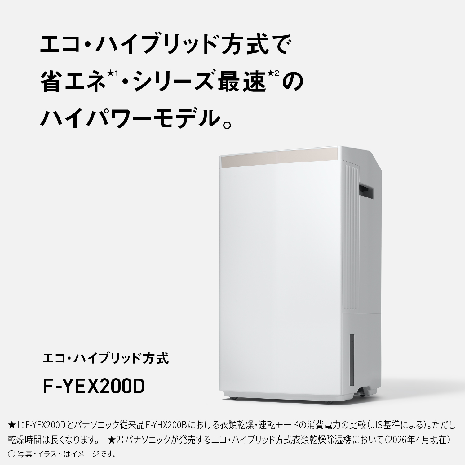 エコ・ハイブリッド方式で省エネ＊・シリーズ最速＊2 のハイパワーモデル。　エコ・ハイブリッド方式F-YEX200D　★1：F-YEX200Dとパナソニック従来品F-YHX200Bにおける衣類乾燥・速乾モードの消費電力の比較（JIS基準による）。ただし乾燥時間は長くなります。★2：パナソニックが発売するエコ・ハイブリッド方式衣類乾燥除湿機において（2026年4月現在）○写真・イラストはイメージです。
