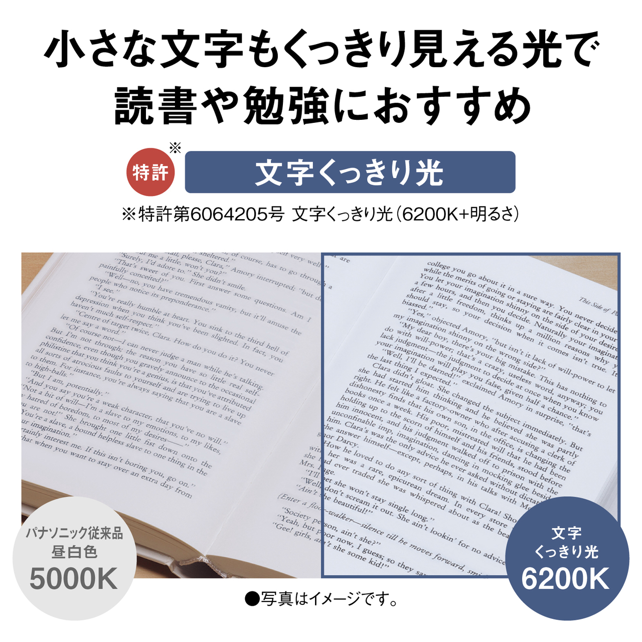 小さな文字もくっきり見える光で読書や勉強におすすめ 特許※ 文字くっきり光 ※特許第6064205号 文字くっきり光（6200K+明るさ） パナソニック従来品昼白色5000K 文字くっきり光6200K ●写真はイメージです。