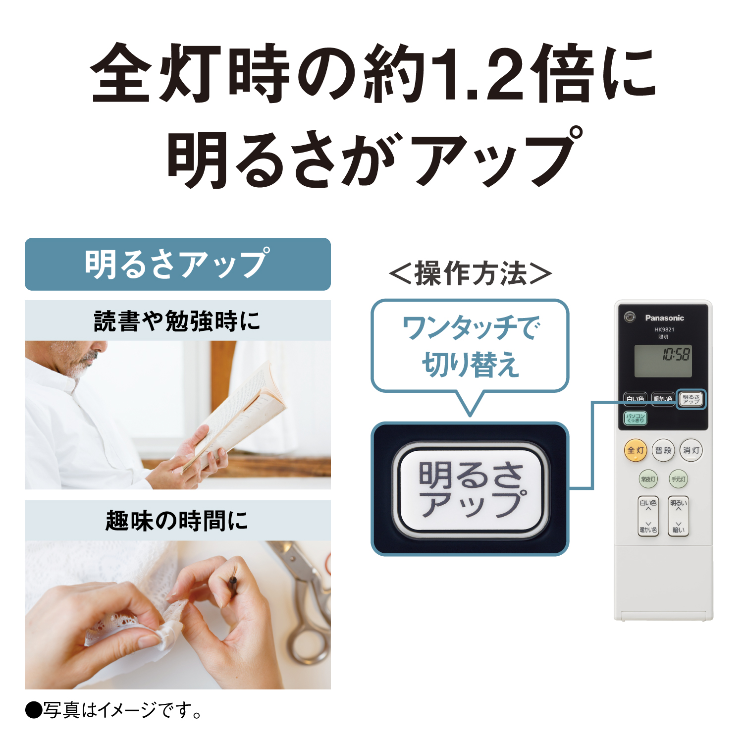 全灯時の約1.2倍に明るさがアップ【明るさアップ】読書や勉強時に　趣味の時間に　●写真はイメージです。＜操作方法＞ワンタッチで切り替え