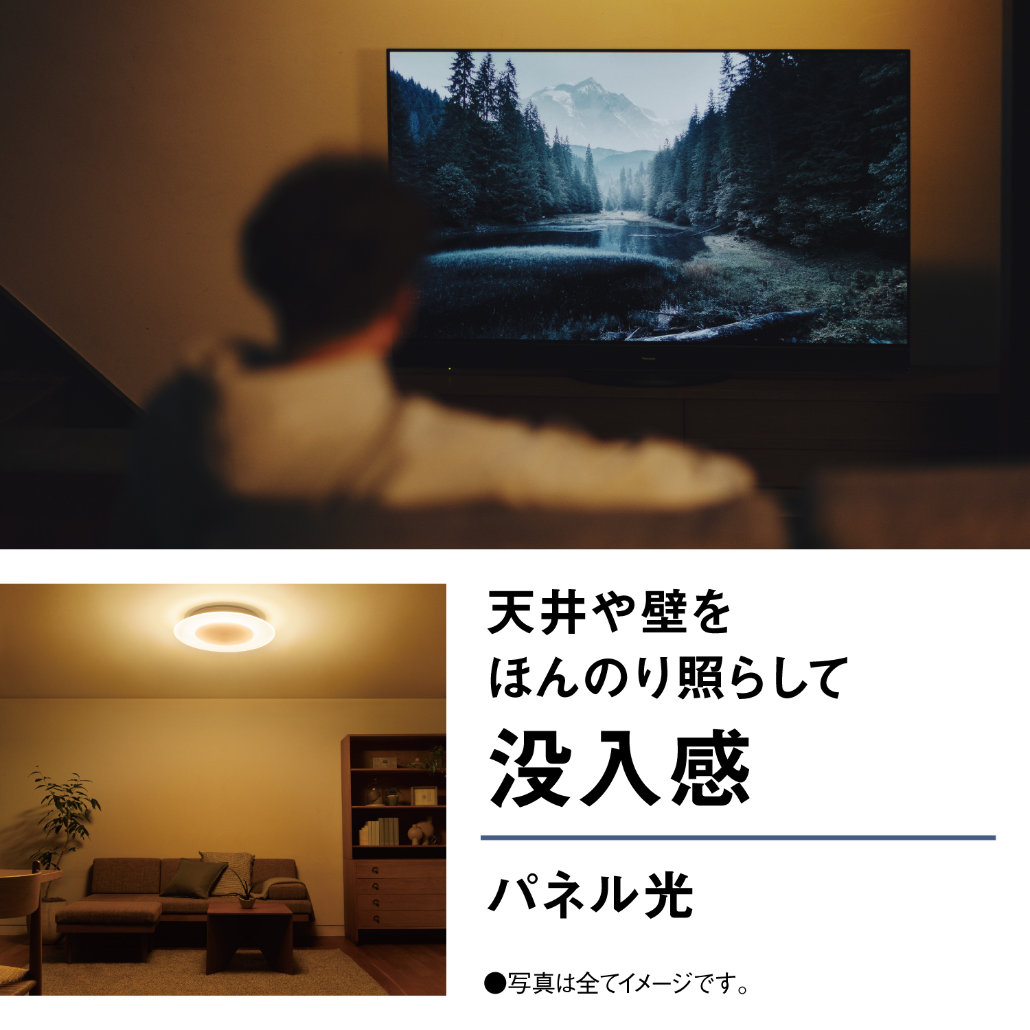 天井や壁をほんのり照らして没入感 パネル光 ●写真は全てイメージです。