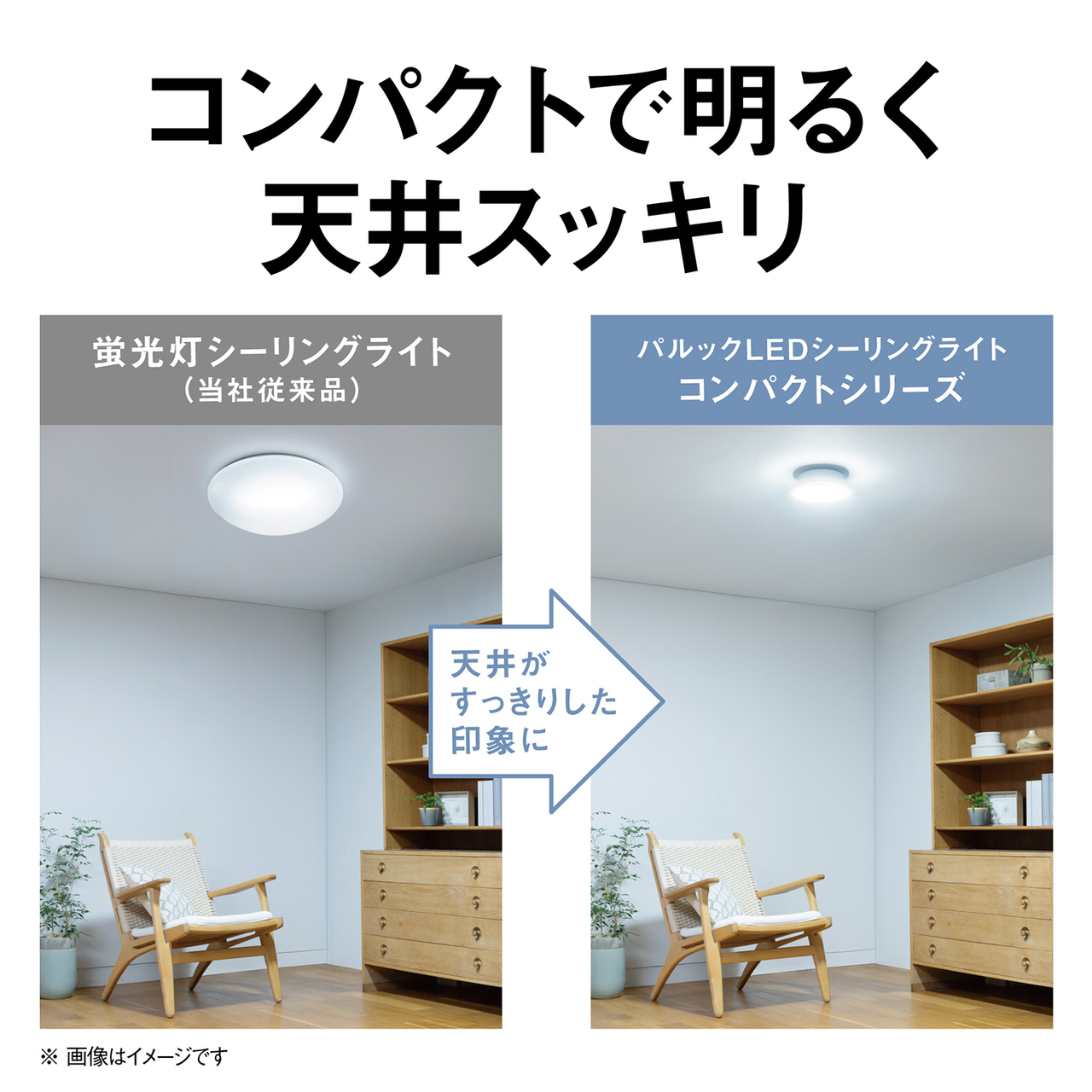コンパクトで明るく天井スッキリ。蛍光灯シーリングライト(当社従来品)とパルックLEDシーリングライトコンパクトシリーズを比較すると、天井がすっきりした印象に。※画像はイメージです