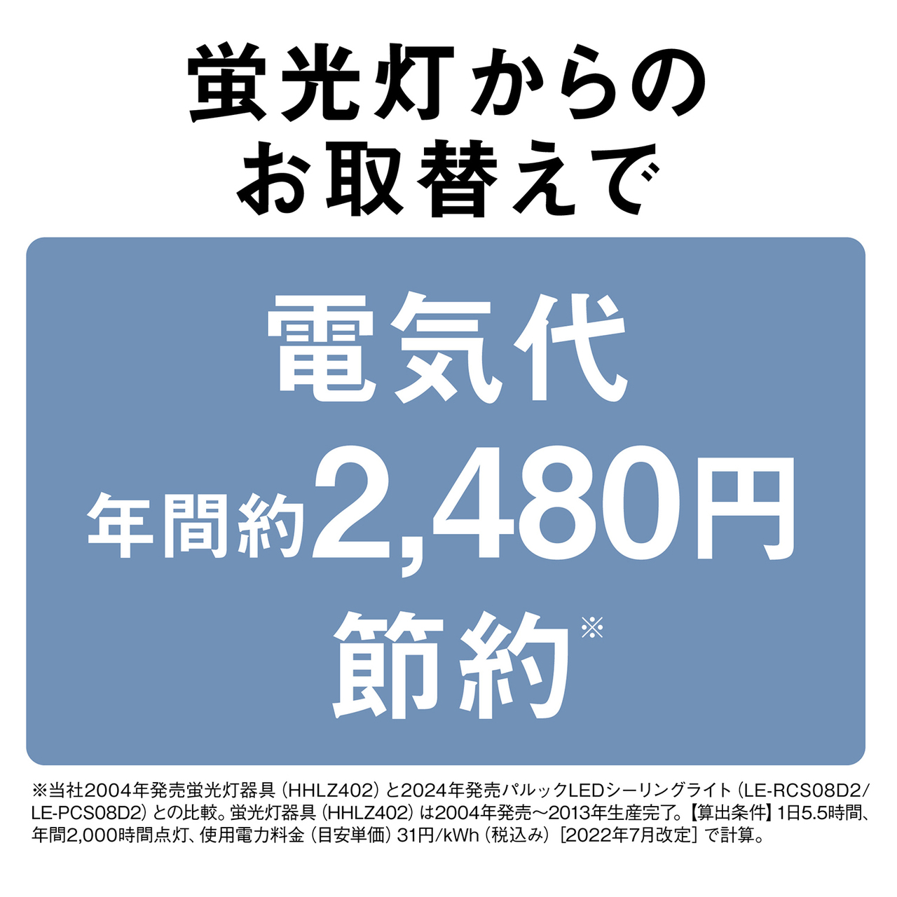 蛍光灯からのお取替えで電気代年間約2,480円節約※当社2004年発売蛍光灯器具(HHLZ402)と2024年発売パルックLEDシーリングライト(LE-RCS08D2/LE-PCS08D2)との比較。蛍光灯器具(HHLZ402)は2004年発売～2013年生産完了。【算出条件】1日5.5時間、年間2,000時間点灯、使用電力料金(目安単価)31円/kWh(税込み)[2022年7月改定]で計算。