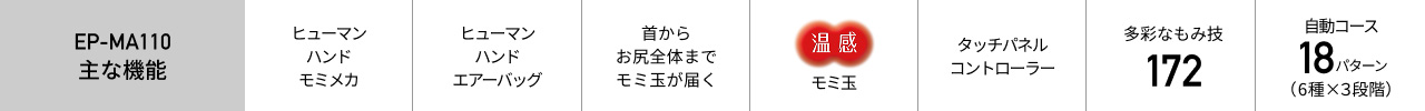 EP-MA110 主な機能 ヒューマンハンドモミメカ ヒューマンハンドエアーバッグ 太ももつけ根まわりまでモミ玉が届くフレーム 温感モミ玉 タッチパネルコントローラー 多彩なもみ技172 自動コース18パターン（6種×3段階）