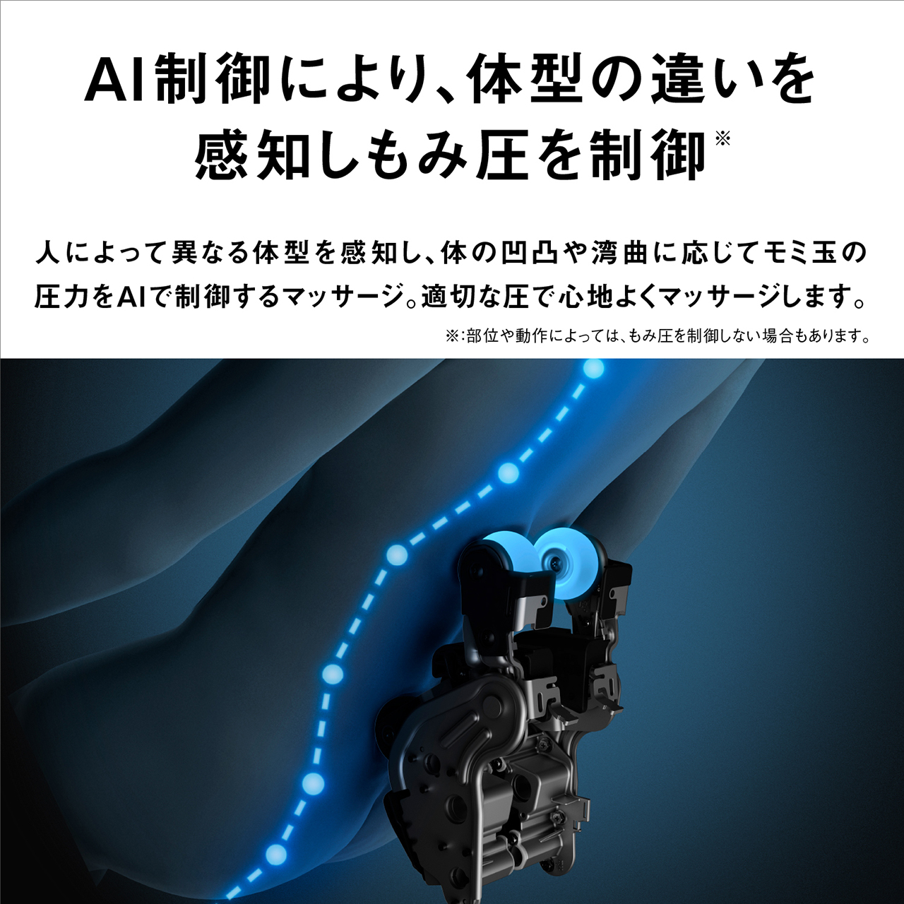 AI制御により、体型の違いを感知しもみ圧を制御※ 人によって異なる体型を感知し、体の凹凸や湾曲に応じてモミ玉の圧力をAIで制御するマッサージ。適切な圧で心地よくマッサージします。 ※部位や動作によっては、もみ圧を制御しない場合もあります。
