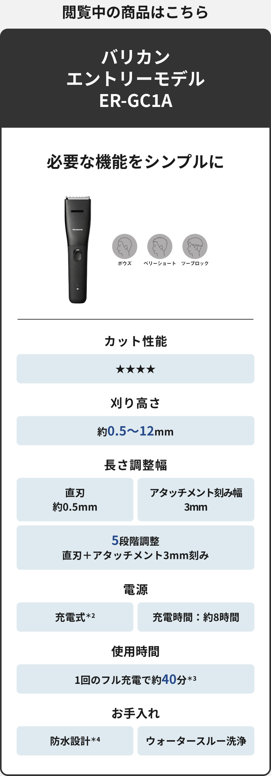 閲覧中の商品はこちら バリカン エントリーモデル ER-GC1A 必要な機能をシンプルに ボウズ ベリーショート ツーブロック カット性能 星4つ 刈り高さ 約0.5～12mm 長さ調整幅 直刃 約0.5mm アタッチメント刻み幅 3mm 5段階調整 直刃＋アタッチメント3mm刻み 電源 充電式*2 充電時間：約8時間 使用時間 1回のフル充電で約40分*3 お手入れ 防水設計*4 ウォータースルー洗浄