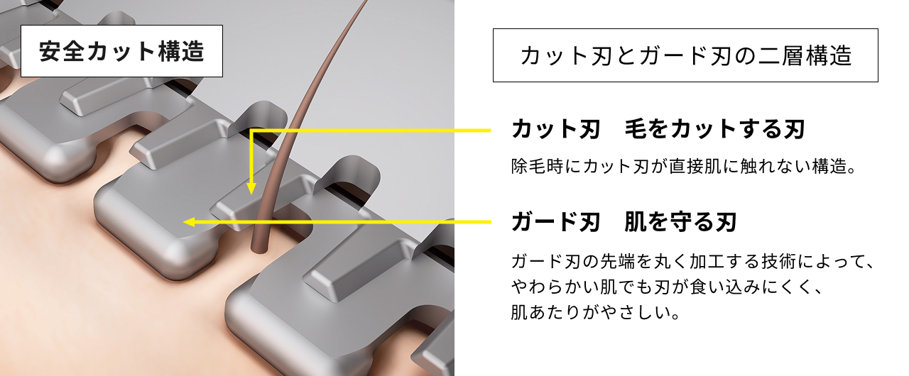 安全カット構造 カット刃とガード刃の二層構造 カット刃 毛をカットする刃 除毛時にカット刃が直接肌に触れない構造。 ガード刃 肌を守る刃 ガード刃の先端を丸く加工する技術によって、やわらかい肌でも刃が食い込みにくく、肌あたりがやさしい。