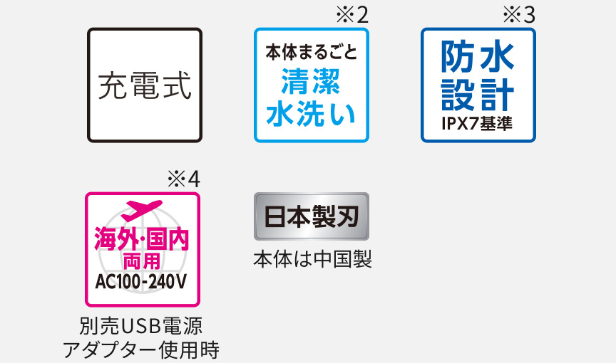充電式 本体まるごと清潔水洗い※2 防水設計 IPX7基準※3 海外・国内両用 AC100-240V※4 別売USB電源アダプター使用時 日本製刃 本体は中国製