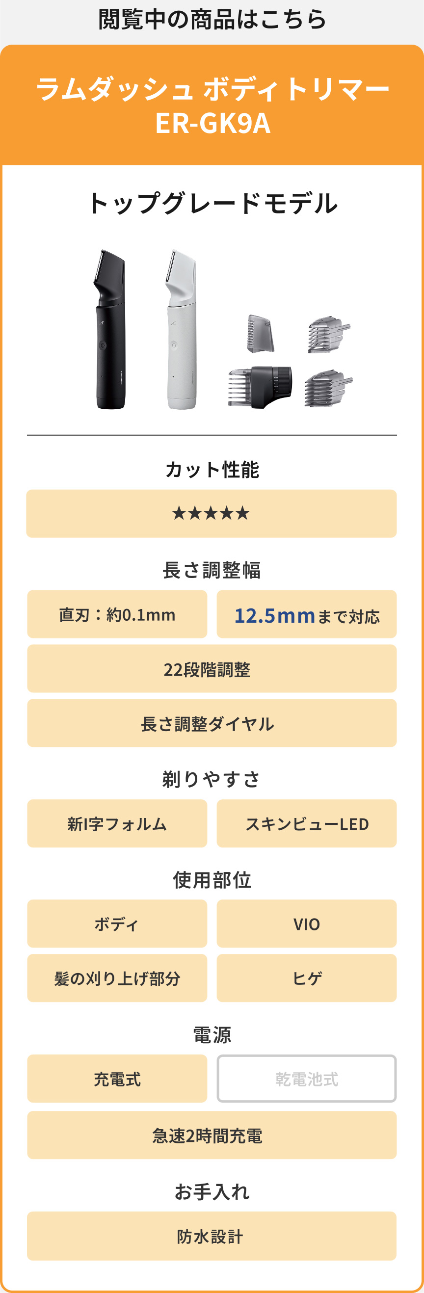 閲覧中の商品はこちら ラムダッシュ ボディトリマー ER-GK9A トップグレードモデル カット性能 ★★★★★ 長さ調整幅 直刃：約0.1mm 12.5mmまで対応 22段階調整 長さ調整ダイヤル 剃りやすさ 新I字フォルム スキンビューLED 使用部位 ボディ VIO 髪の刈り上げ部分 ヒゲ 電源 充電式 急速2時間充電 お手入れ 防水設計