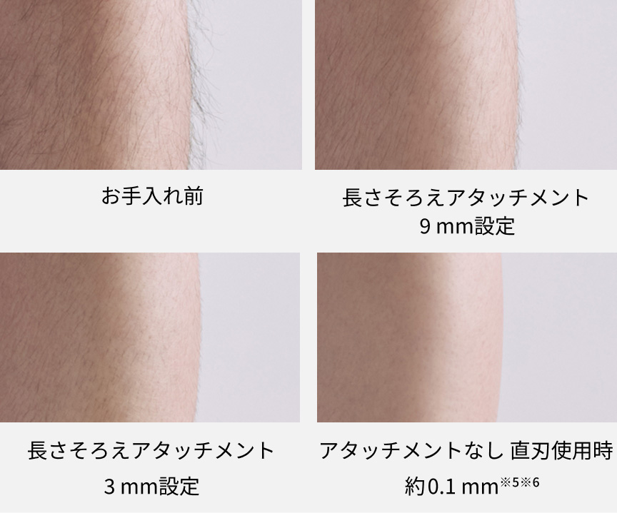 お手入れ前 長さそろえアタッチメン9mm設定 長さそろえアタッチメント3mm設定 アタッチメントなし 直刃使用時 約0.1mm ※5※6