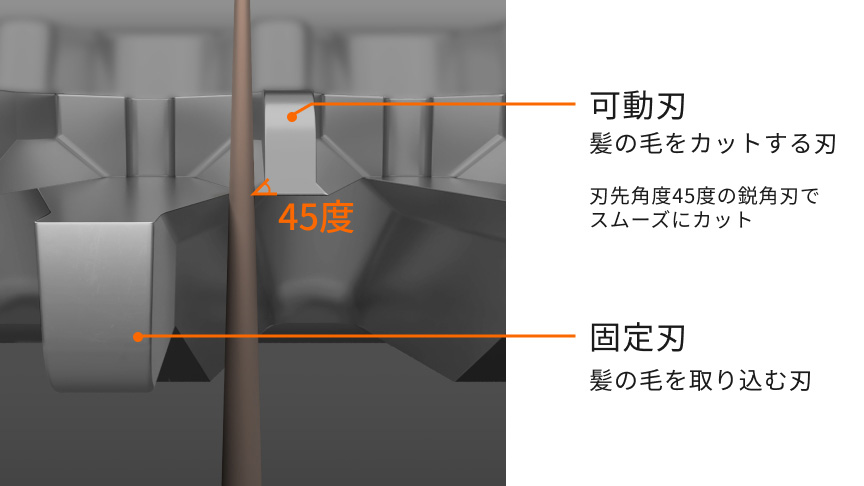45度 可動刃 髪の毛をカットする刃 刃先角度45度の鋭角刃でスムーズにカット 固定刃 髪の毛を取り込む刃