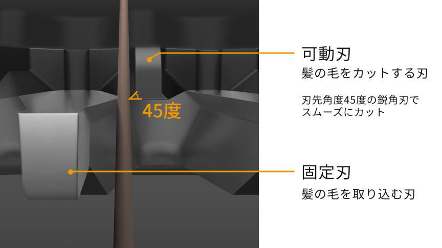 45度 可動刃 髪の毛をカットする刃 刃先角度45度の鋭角刃でスムーズにカット 固定刃 髪の毛を取り込む刃
