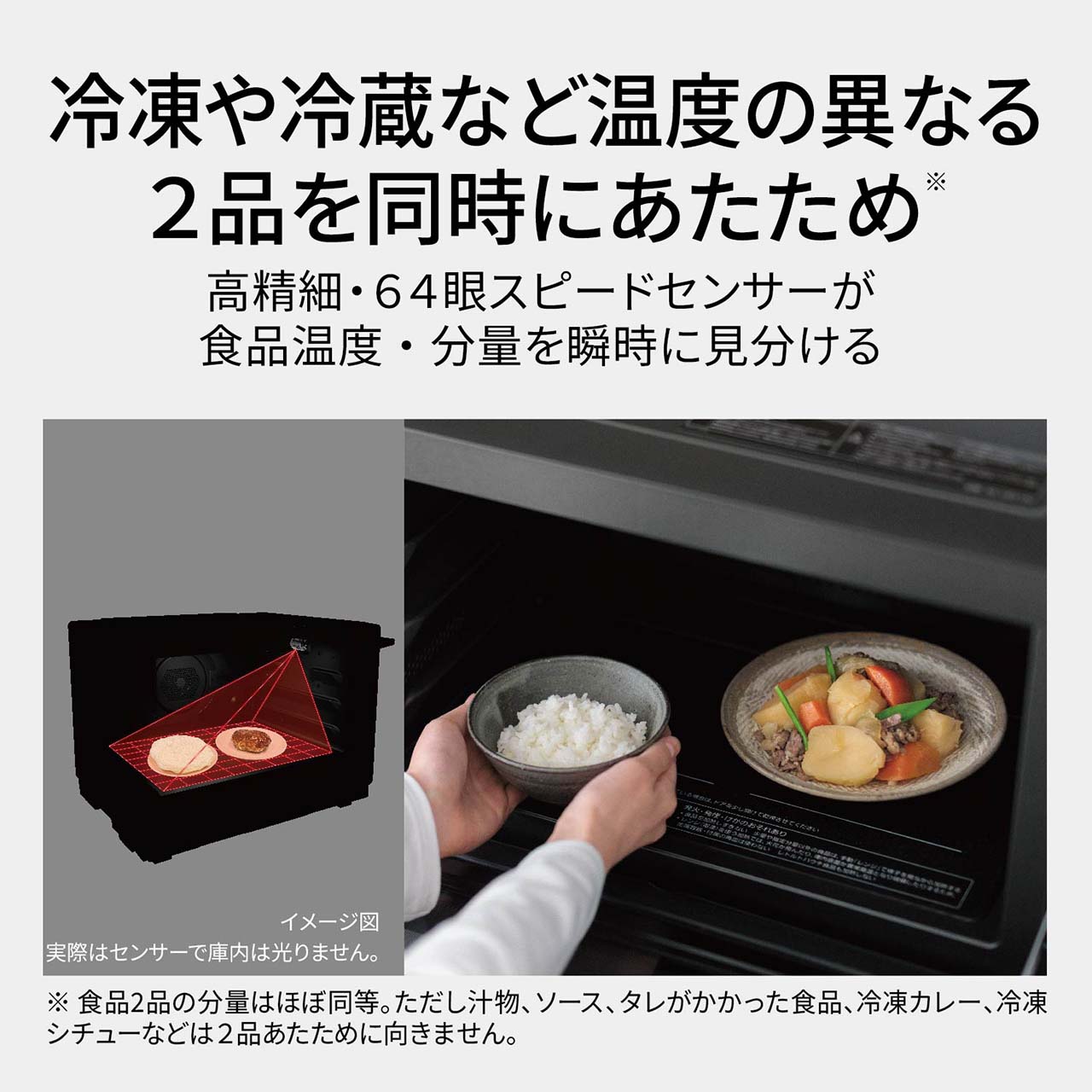 【2品同時あたため】冷凍や冷蔵など温度の異なる2品を同時にあたため※。高精細・64眼スピードセンサーが食品温度・分量を瞬時に見分ける。（※食品2品の分量はほぼ同等。ただし汁物、ソース、タレがかかった食品、冷凍カレー、冷凍シチューなどは2品あたために向きません。）（画像はイメージで、実際はセンサーで庫内は光りません。）