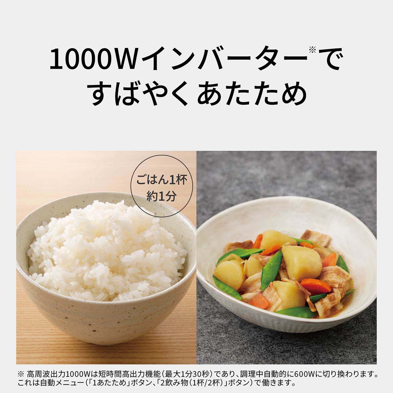1000Wインバーター※で、すばやくあたため。ごはん1杯約1分。（※高周波出力1000Wは短時間高出力機能（最大1分30秒）であり、調理中自動的に600Wに切り換わります。これは自動メニュー（「1あたため」ボタン、「2飲み物（1杯/2杯）」ボタン）で働きます。）