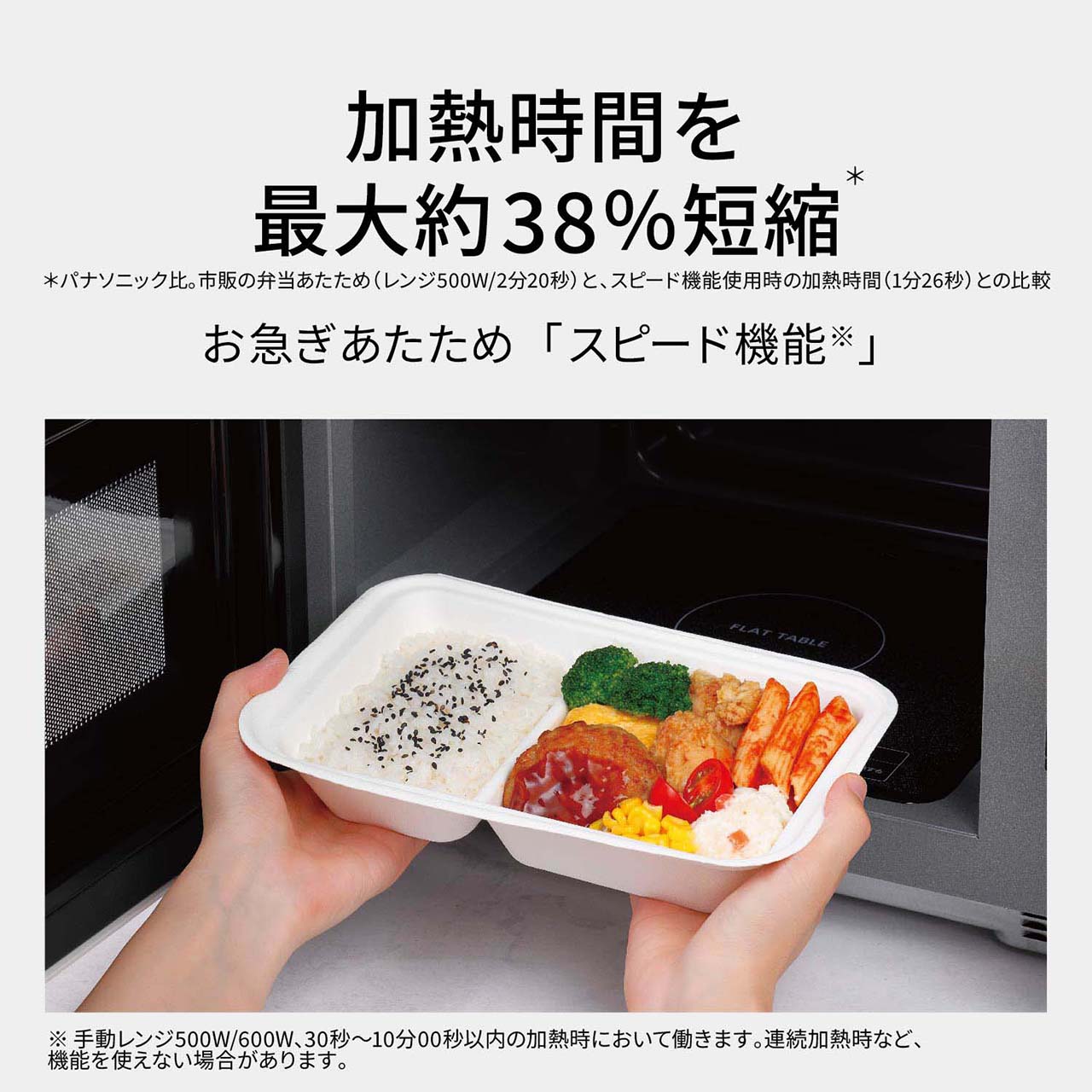 【お急ぎあたため「スピード機能※」】お弁当やお惣菜の加熱時間を最大約38％短縮＊。（※手動レンジ500W/600W、30秒～10分00秒以内の加熱時において働きます。連続加熱時など、機能を使えない場合があります。）（＊当社比。市販の弁当あたため（レンジ500W/2分20秒）と、スピード機能使用時の加熱時間（1分26秒）との比較。）