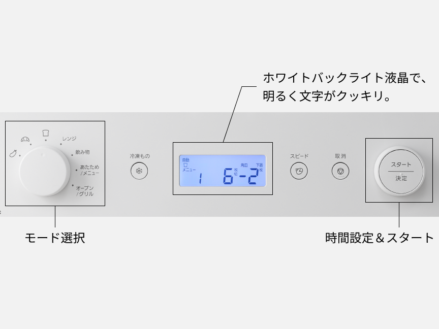 左のダイヤルはモード選択。中央の液晶はホワイトバックライト液晶で、明るく文字がクッキリ。右のダイヤルは時間設定＆スタート。