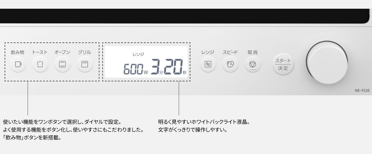 使いたい機能を左のワンボタンで選択し、ダイヤルで設定。よく使用する機能をボタン化し、使いやすさにもこだわりました。「飲み物」ボタンを新搭載。中央は、明るく見やすいホワイトバックライト液晶。 文字がくっきりで操作しやすい。