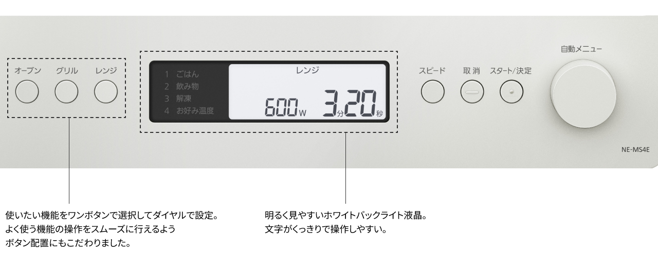 左の使いたい機能をワンボタンで選択してダイヤルで設定。よく使う機能の操作をスムーズに行えるようボタン配置にもこだわりました。 中央は、明るく見やすいホワイトバックライト液晶。文字がくっきりで操作しやすい。
