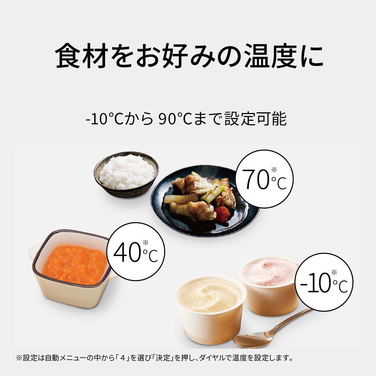 【便利なあたため機能】食材をお好みの温度に。-10℃から90℃まで設定可能。ごはんやおかずはホカホカ食べ頃の70℃※、離乳食はぬるめのちょうどいい温度の40℃※、カチカチのアイスもｰ10℃※の適度なやわらかさに。（※設定は自動メニューの中から「4」を選び「決定」を押し、ダイヤルで温度を設定します。）