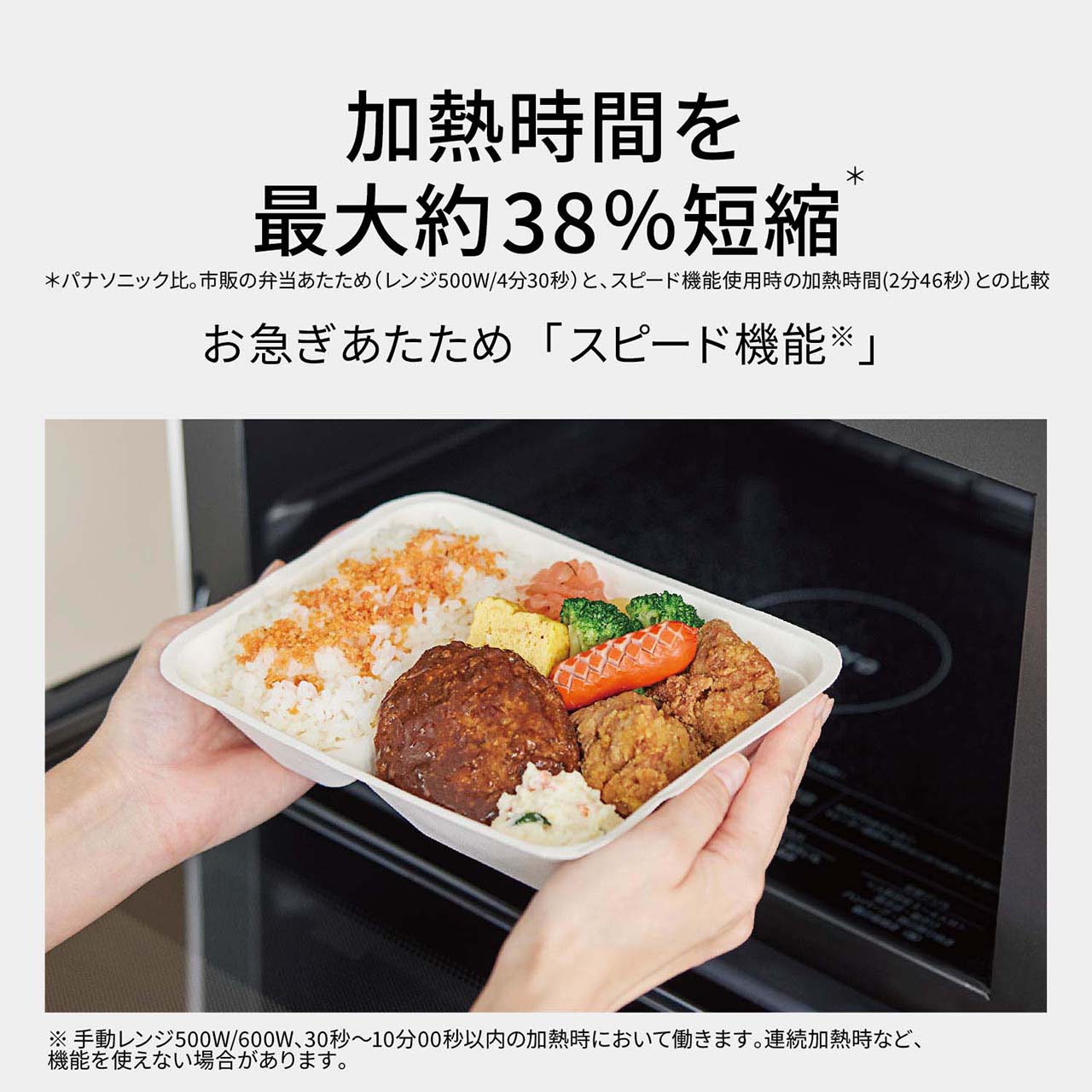【お急ぎあたため「スピード機能※」】お弁当やお惣菜の加熱時間を最大約38％短縮＊。（※手動レンジ500W/600W、30秒～10分00秒以内の加熱時において働きます。連続加熱時など、機能を使えない場合があります。）（＊当社比。市販の弁当あたため（レンジ500W/4分30秒）と、スピード機能使用時の加熱時間（2分46秒）との比較。）