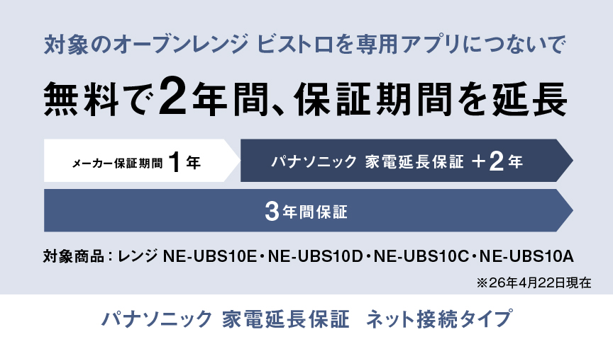 	対象のオーブンレンジ ビストロを専用アプリにつないで無料で2年間保証期間を延長。対象商品レンジNE-UBS10E、NE-UBS10D、NE-UBS10C、NE-UBS10A。クリックすると詳細ページにリンクします。