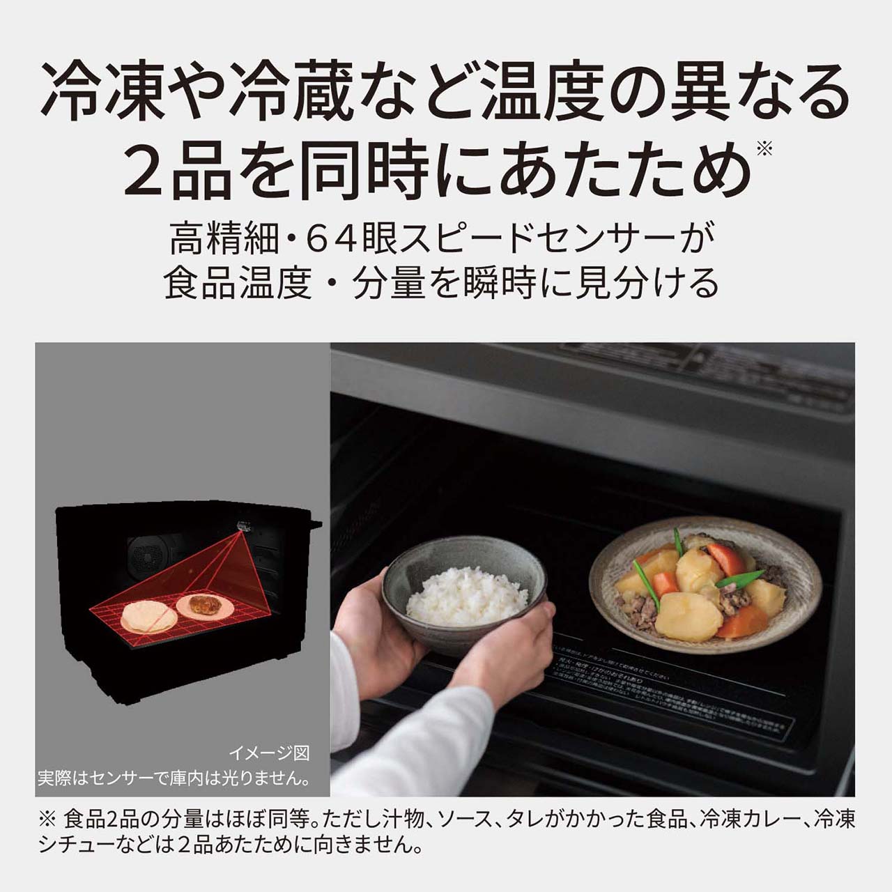 【2品同時あたため】冷凍や冷蔵など温度の異なる2品を同時にあたため※。高精細・64眼スピードセンサーが食品温度・分量を瞬時に見分ける。（※食品2品の分量はほぼ同等。ただし汁物、ソース、タレがかかった食品、冷凍カレー、冷凍シチューなどは2品あたために向きません。）（画像はイメージで、実際はセンサーで庫内は光りません。）