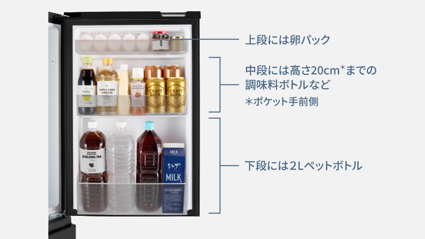 上段には卵や瓶類などの小物を、中段には高さがある調味料ボトル、下段には2Lのペットボトル