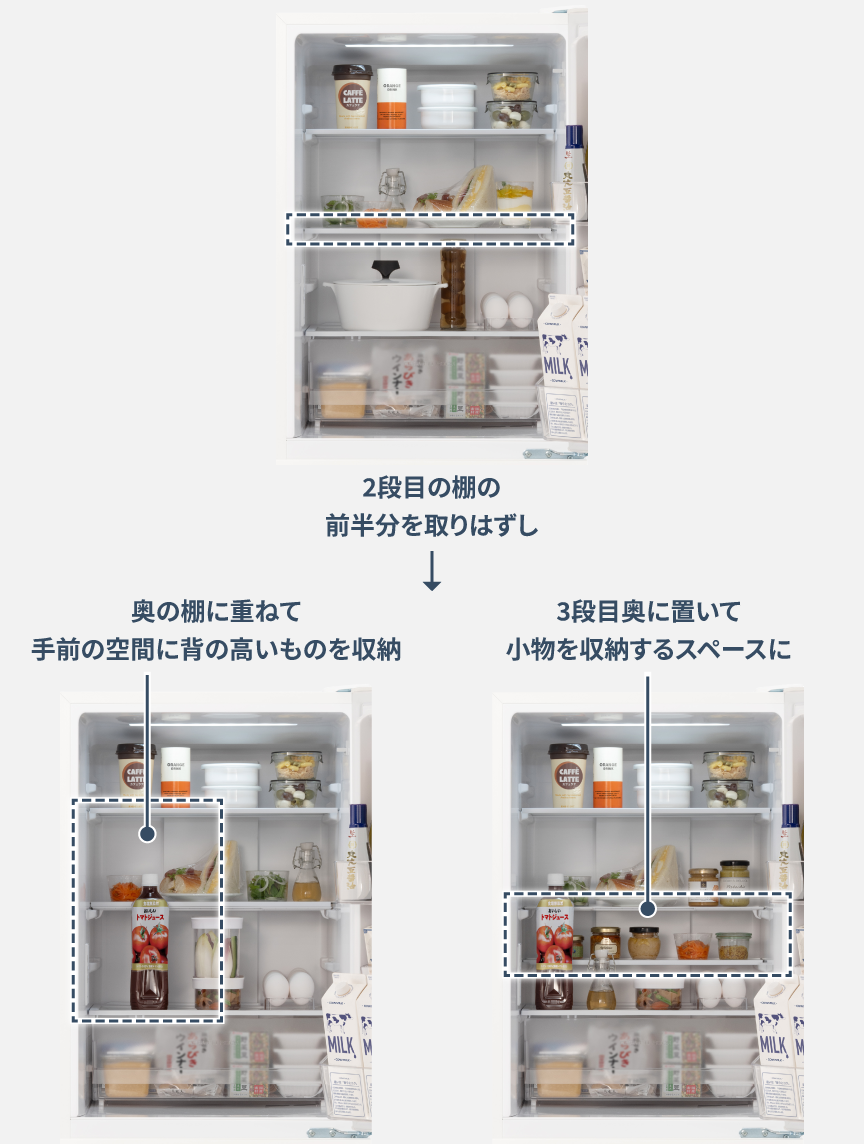画像：2段目の棚の前半分を取りはずし、奥の棚に重ねて手前の空間に背の高いものを収納。3段目奥に置いて小物を収納するスペースに。