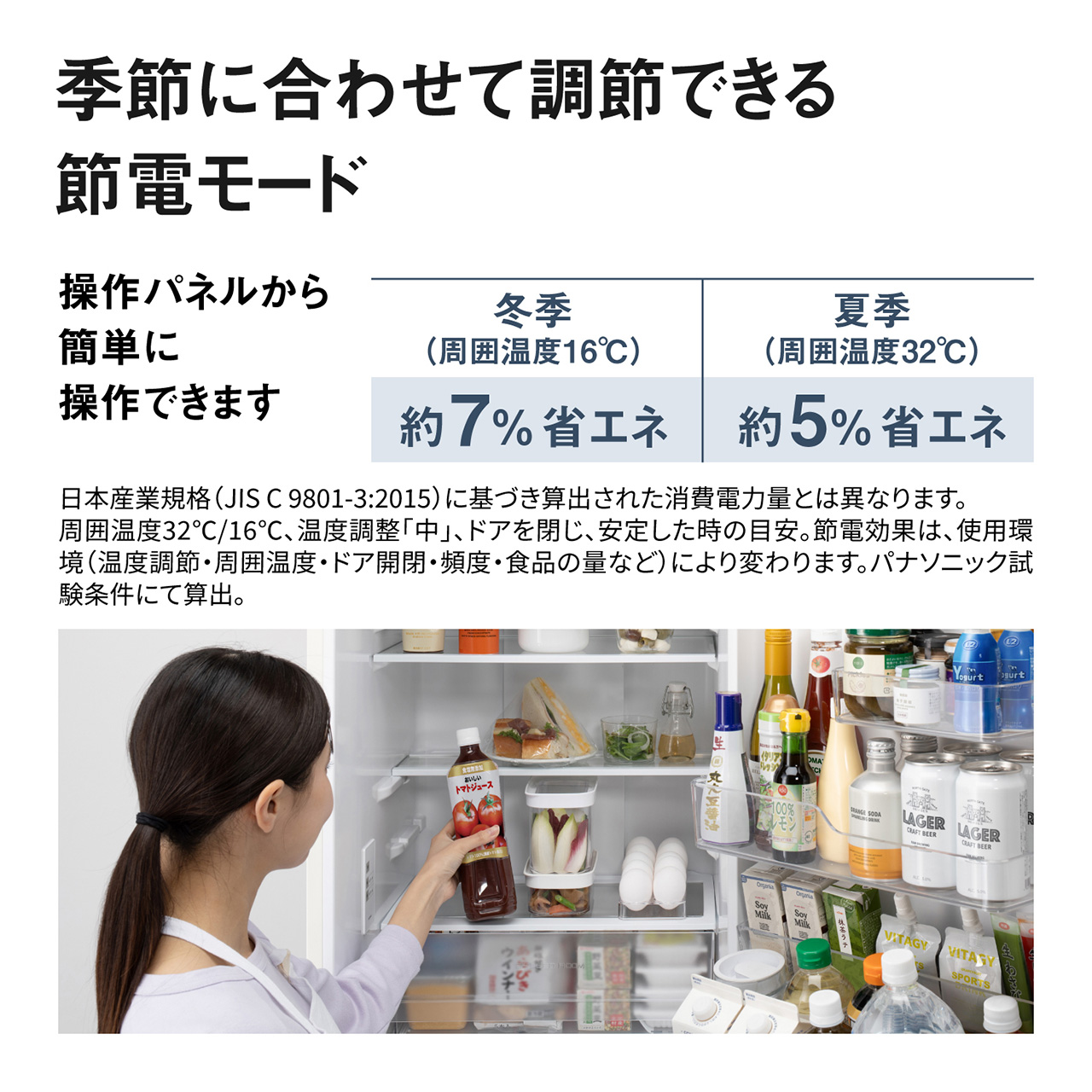 季節に合わせて調節できる節電モード。操作パネルから簡単に操作できます。冬季（周囲温度16℃）：約7％省エネ。夏季（周囲温度32℃）：約5％省エネ。日本産業規格（JIS C 9801-3:2015）に基づき算出された消費電力量とは異なります。周囲温度32℃/16℃、温度調整「中」、ドアを閉じ、安定した時の目安。節電効果は、使用環境（温度調節・周囲温度・ドア開閉・頻度・食品の量など）により変わります。パナソニック試験条件にて算出。