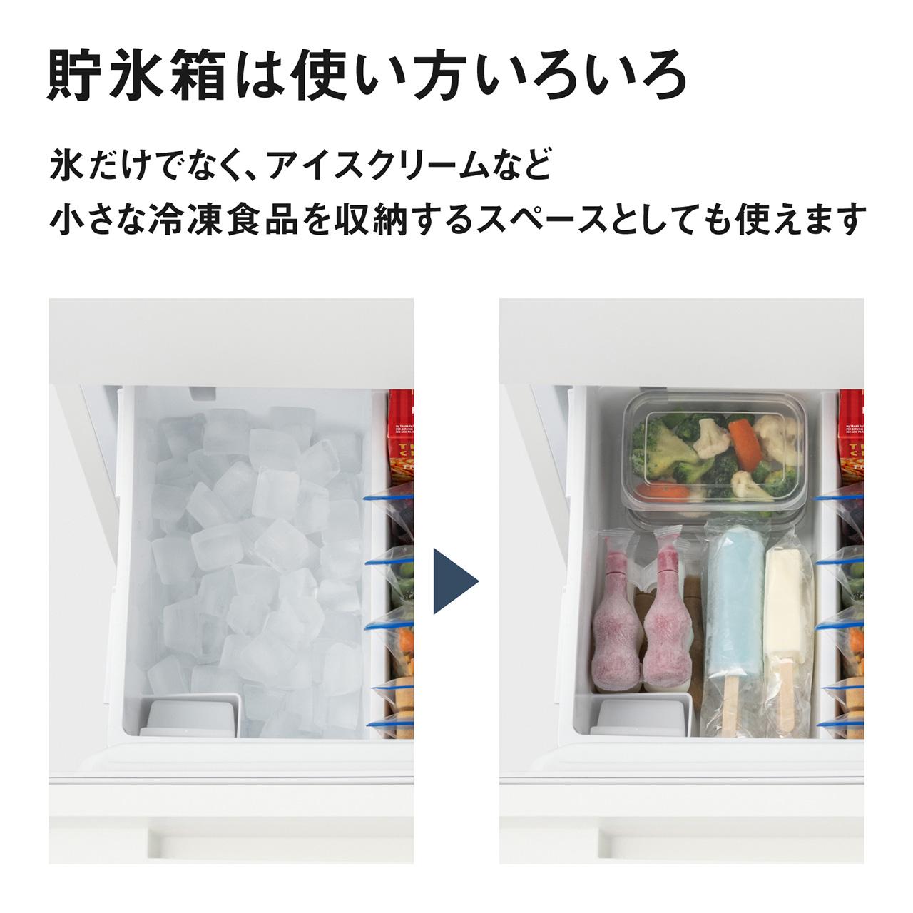 貯氷箱は使い方いろいろ。氷だけでなく、アイスクリームなど、小さな冷凍食品を収納するスペースとしても使えます。【画像】貯氷箱に氷を入れたり、小さな冷凍食品を収納しているイメージ。