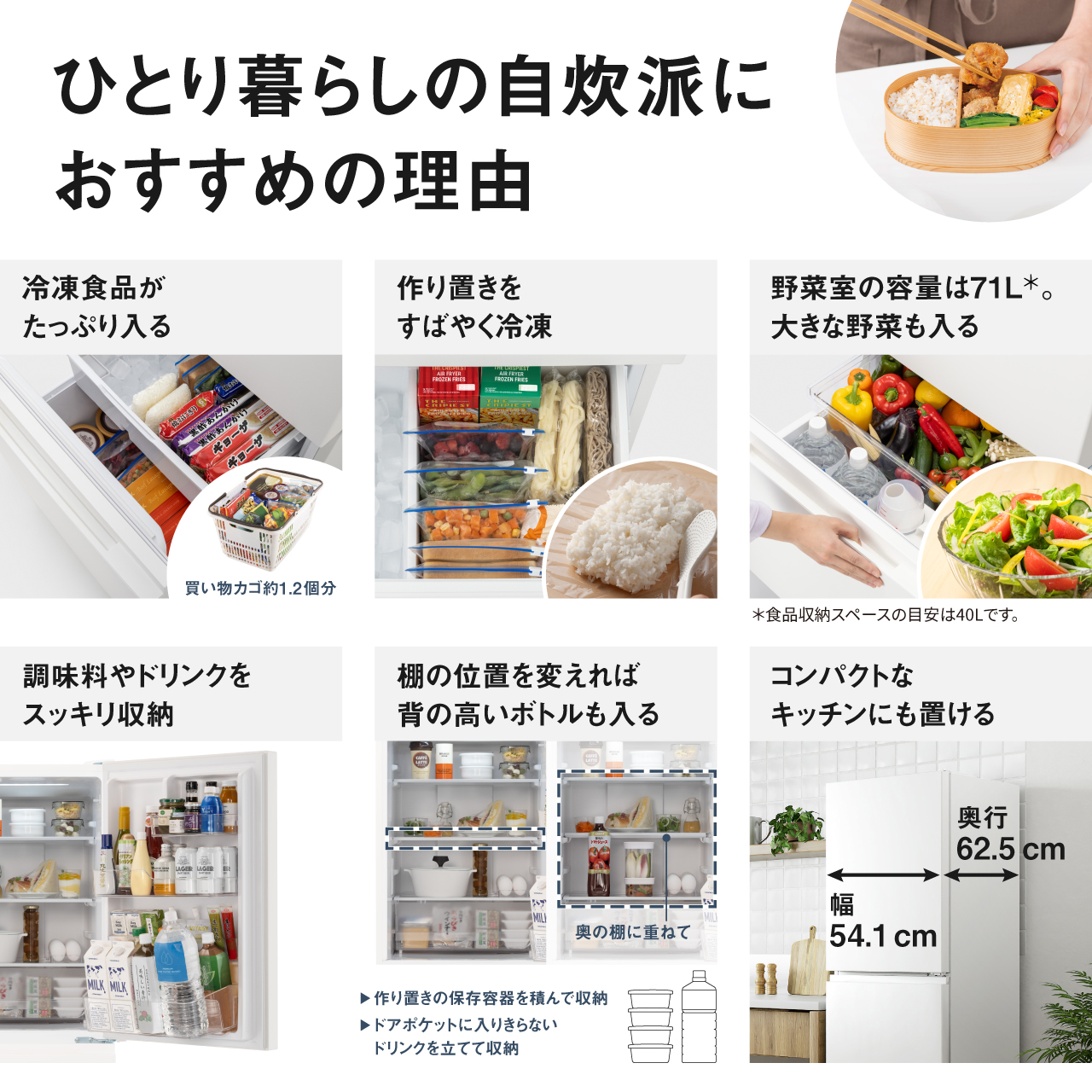 ひとり暮らしの自炊派におすすめの理由。①買い物カゴ約1.2個分、冷凍食品がたっぷり入る。②作り置きをすばやく冷凍。③野菜室の容量は71L＊。大きな野菜も入る。＊食品収納スペースの目安は40Lです。④調味料やドリンクをスッキリ収納。⑤棚の位置を変えれば背の高いボトルも入る。奥の棚に重ねて、作り置きの保存容器を積んで収納したり、ドアポケットに入りきらないドリンクを立てて収納できる。⑥コンパクトなキッチンにも置ける、幅54.1cm/奥行62.5cm。